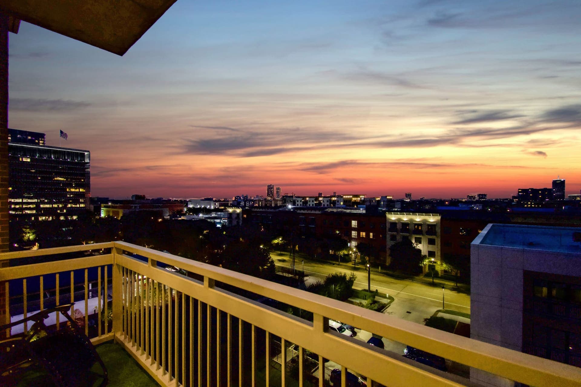 Signature balcony twilight shot over Houston at dusk